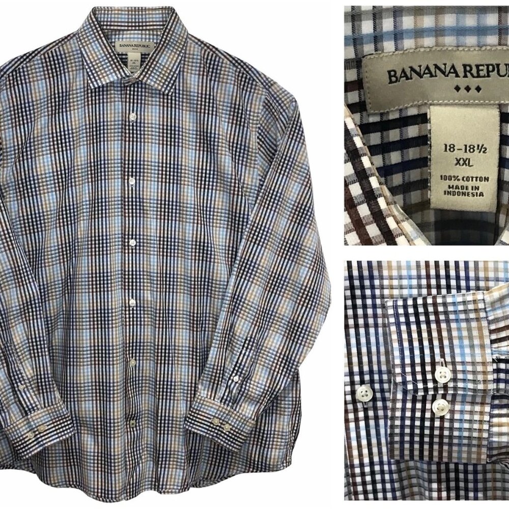 Banana Republic Button Down Shirt | Blue Plaid | Men’s XXL | EUC | 100% Cotton